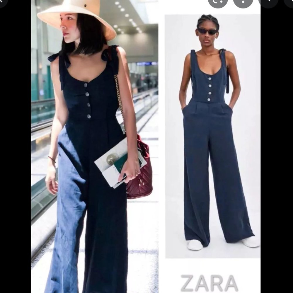ZARA NAVY BLUE LINEN BLEND LONG WIDE LEG JUMPSUIT